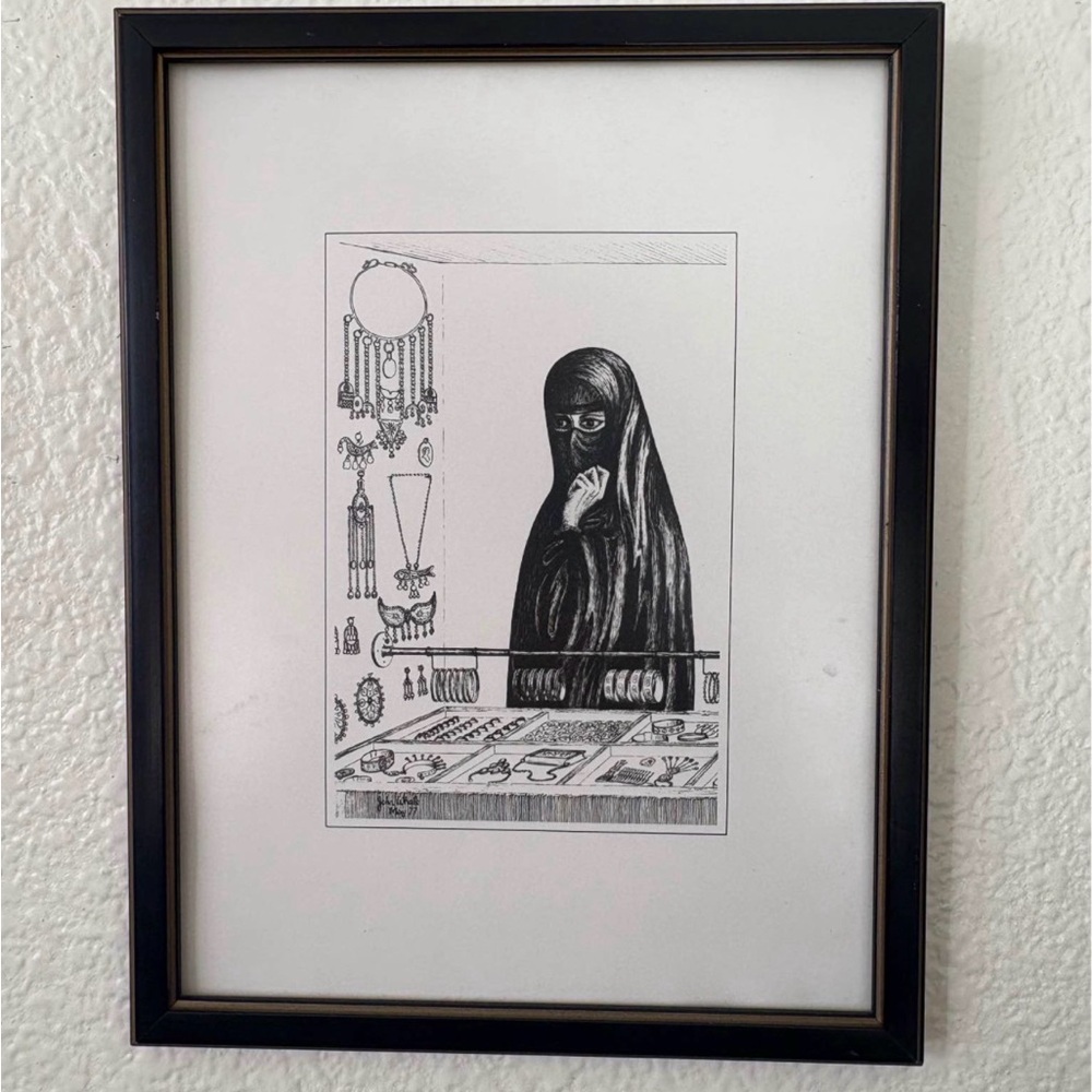 Black and White  Middle Eastern Women Painting 9.5" x 8"